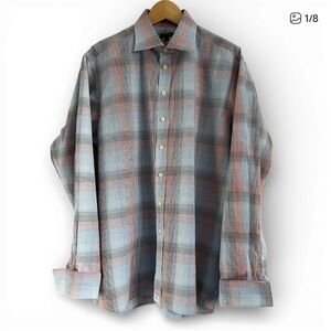 Burberry Blue and Red Plaid Dress Shirt With Double French Cuffs